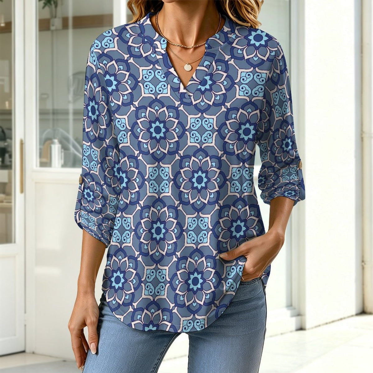 Women Curved Hem V Neck Roll Sleeve Casual Work Top  Batik