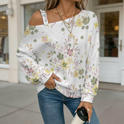 Off-the-shoulder Sweater Floral Pattern  Asymmetric Cold Shoulder Knit Sweater for Women, Adjustable Buckle Strap Long Sleeve Casual Slouchy Pullover