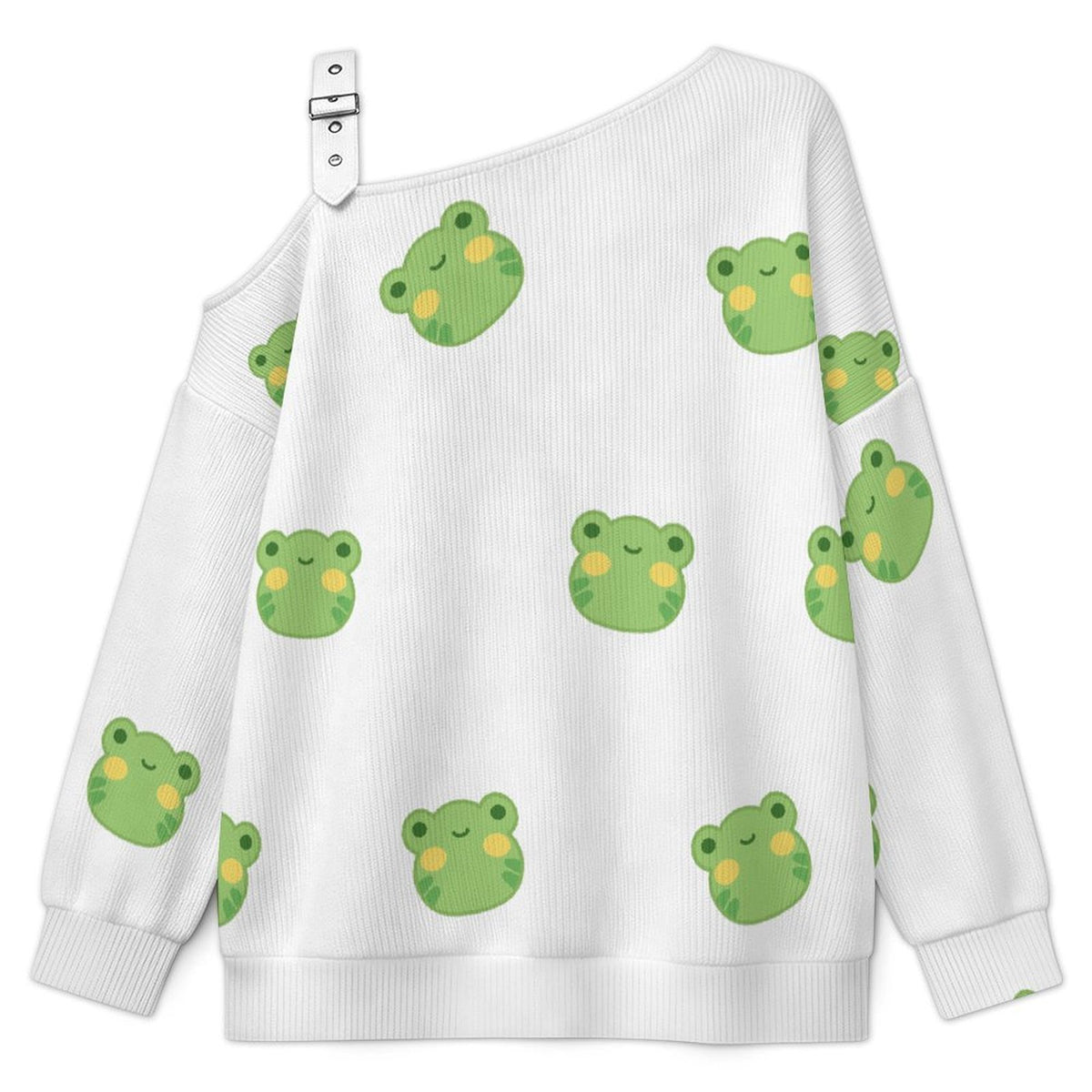 Off-the-shoulder Sweater Little Frog  Asymmetric Cold Shoulder Knit Sweater for Women, Adjustable Buckle Strap Long Sleeve Casual Slouchy Pullover