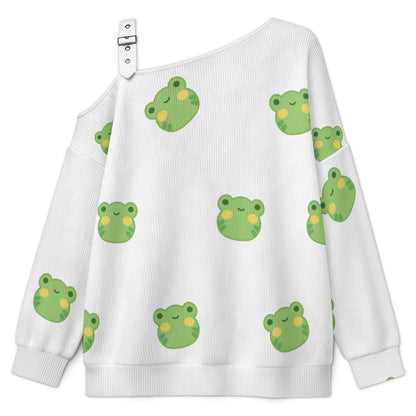 Off-the-shoulder Sweater Little Frog  Asymmetric Cold Shoulder Knit Sweater for Women, Adjustable Buckle Strap Long Sleeve Casual Slouchy Pullover