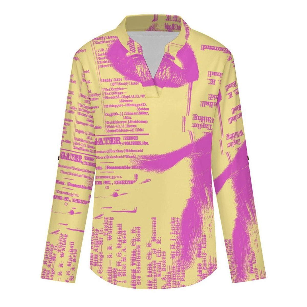 Stand-up Collar Long-sleeved Shirt Newspaper Girl Vintage white S Women’s V-Neck Blouses