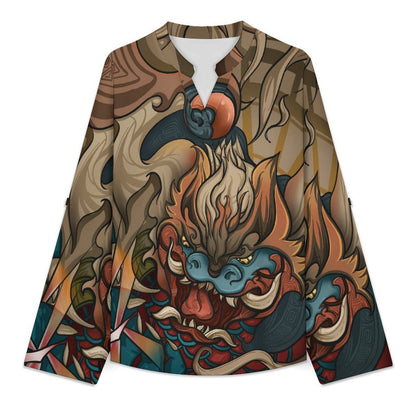 Stand-up Collar Long-sleeved Shirt Chinese, Animation, Nian Beast  Customization Women’s V-Neck Blouses,long Sleeve,Roll-Up Sleeve Shirt