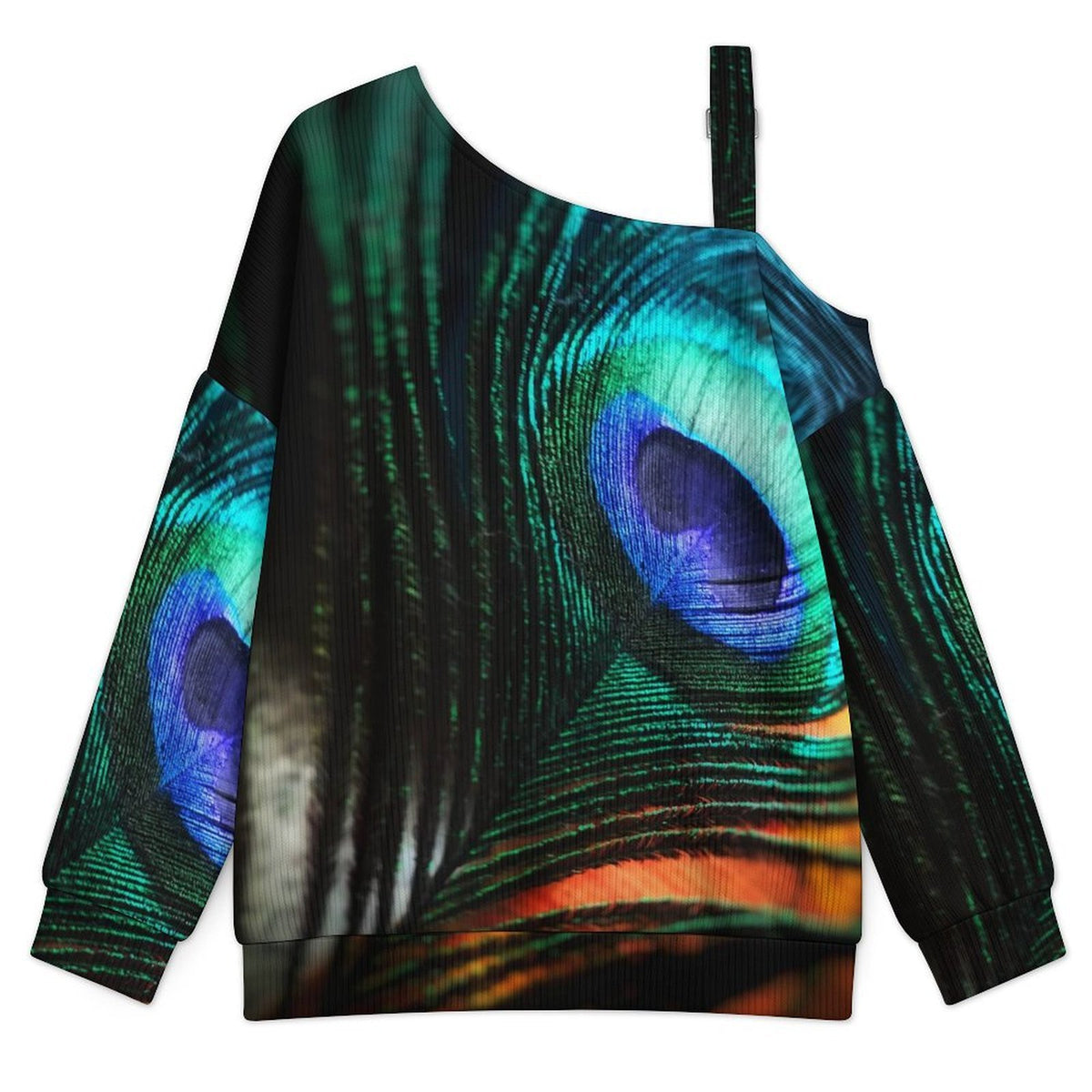 Off-the-shoulder Sweater Peacock Hair Pattern  Asymmetric Cold Shoulder Knit Sweater for Women, Adjustable Buckle Strap Long Sleeve Casual Slouchy Pullover