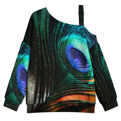 Off-the-shoulder Sweater Peacock Hair Pattern  Asymmetric Cold Shoulder Knit Sweater for Women, Adjustable Buckle Strap Long Sleeve Casual Slouchy Pullover