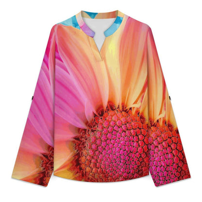 Stand-up Collar Long-sleeved Shirt Color Sunflower  Customization Women’s V-Neck Blouses,long Sleeve,Roll-Up Sleeve Shirt