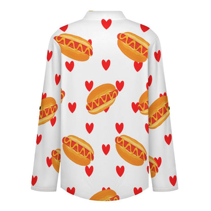 Stand-up Collar Long-sleeved Shirt Hot Dogs, Hearts, Repeat  Women’s V-Neck Blouses