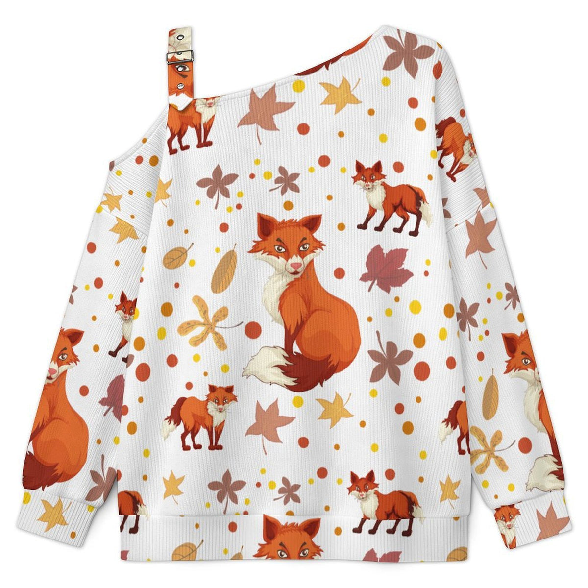 Fall Casual Asymmetric Shoulder Knit Top with Buckle Detail Fallen Leaves, Pine Cones, Squirrels