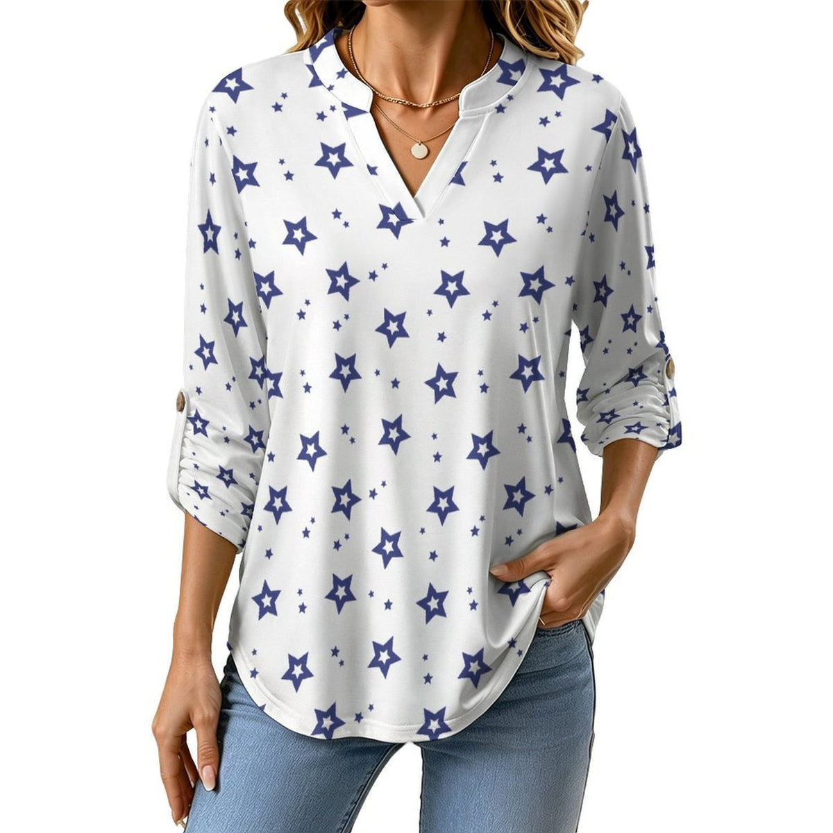 Stand-up Collar Long-sleeved Shirt Five-pointed Stars white S Women’s V-Neck Blouses