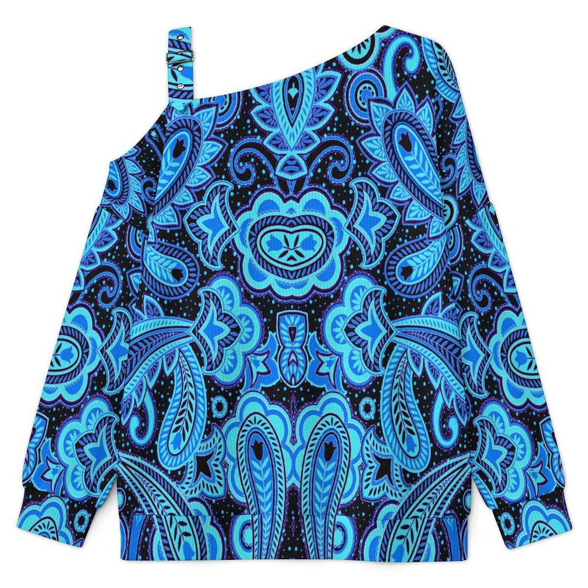 Fall Casual Asymmetric Shoulder Knit Top with Buckle Detail Paisley