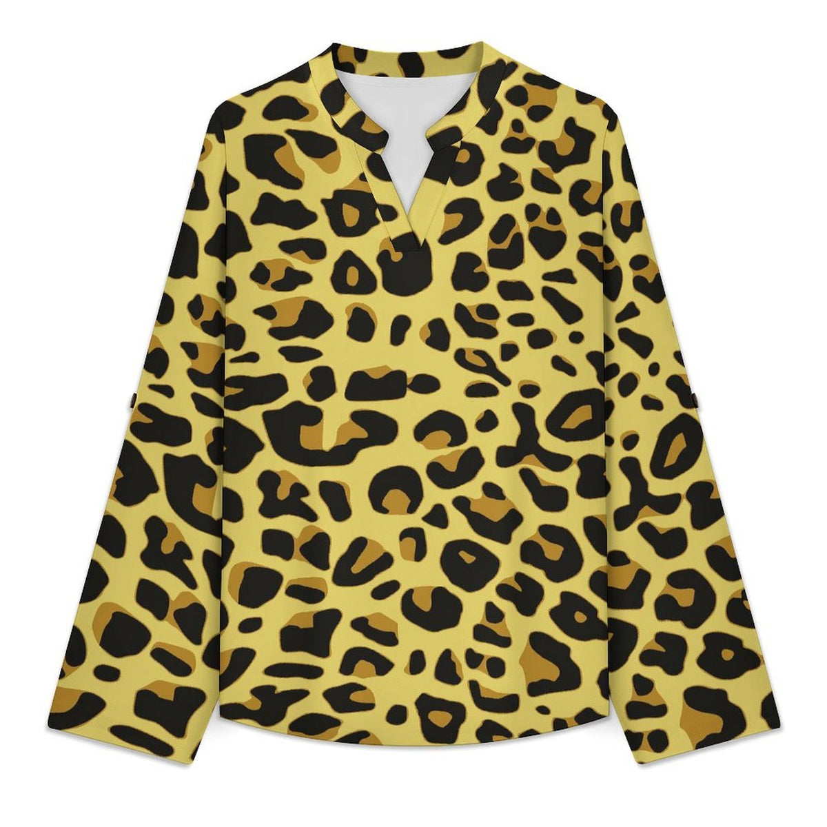 Versatile Notched V-Neck Tunic | Roll Tab 3/4 Sleeve Office Casual Top  Yellow Leopard Print