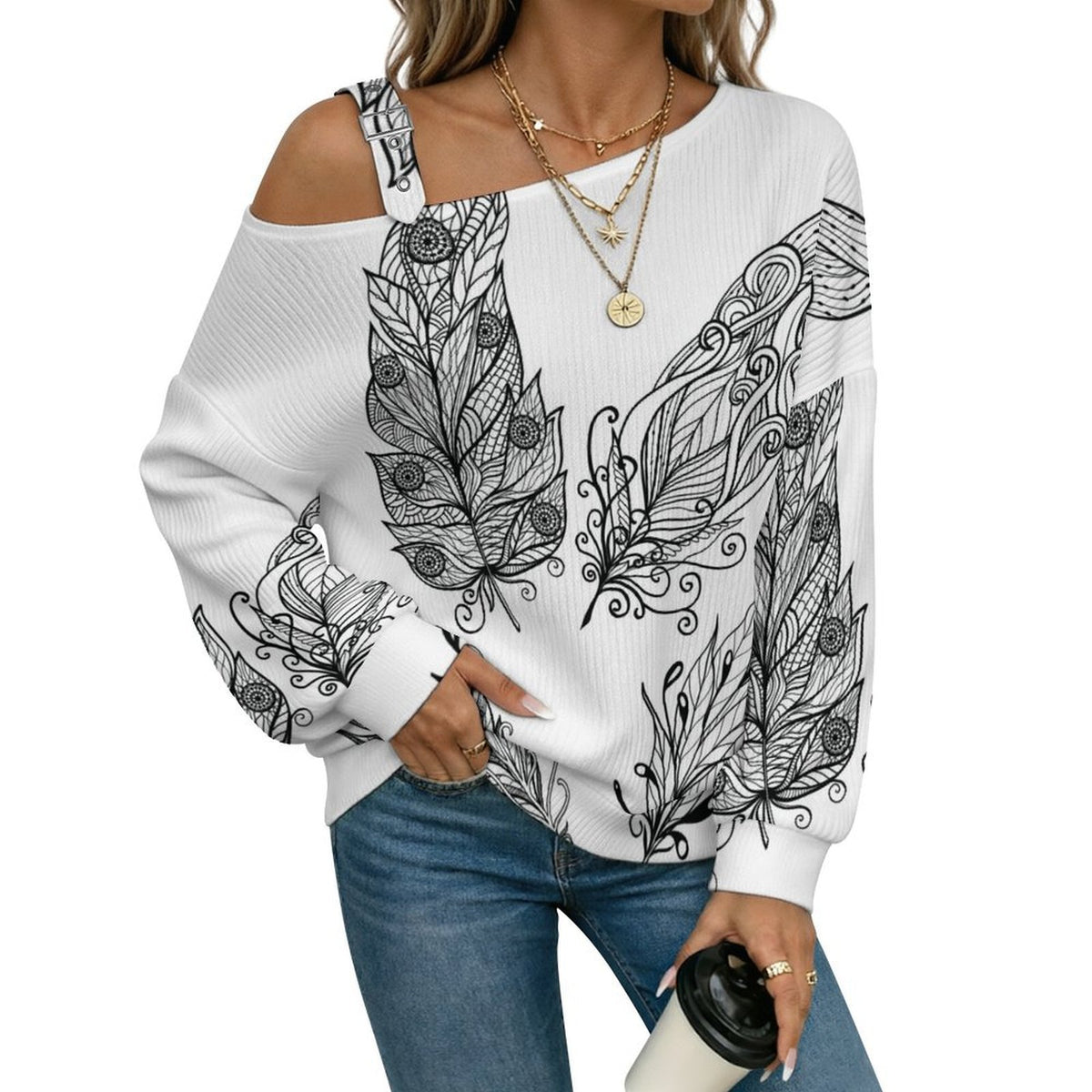 Feathers Fall Casual Asymmetric Shoulder Knit Top with Buckle Detail