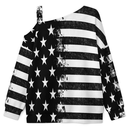 Buckle Strap Asymmetrical Off Shoulder Knit Sweater American Flag Black
