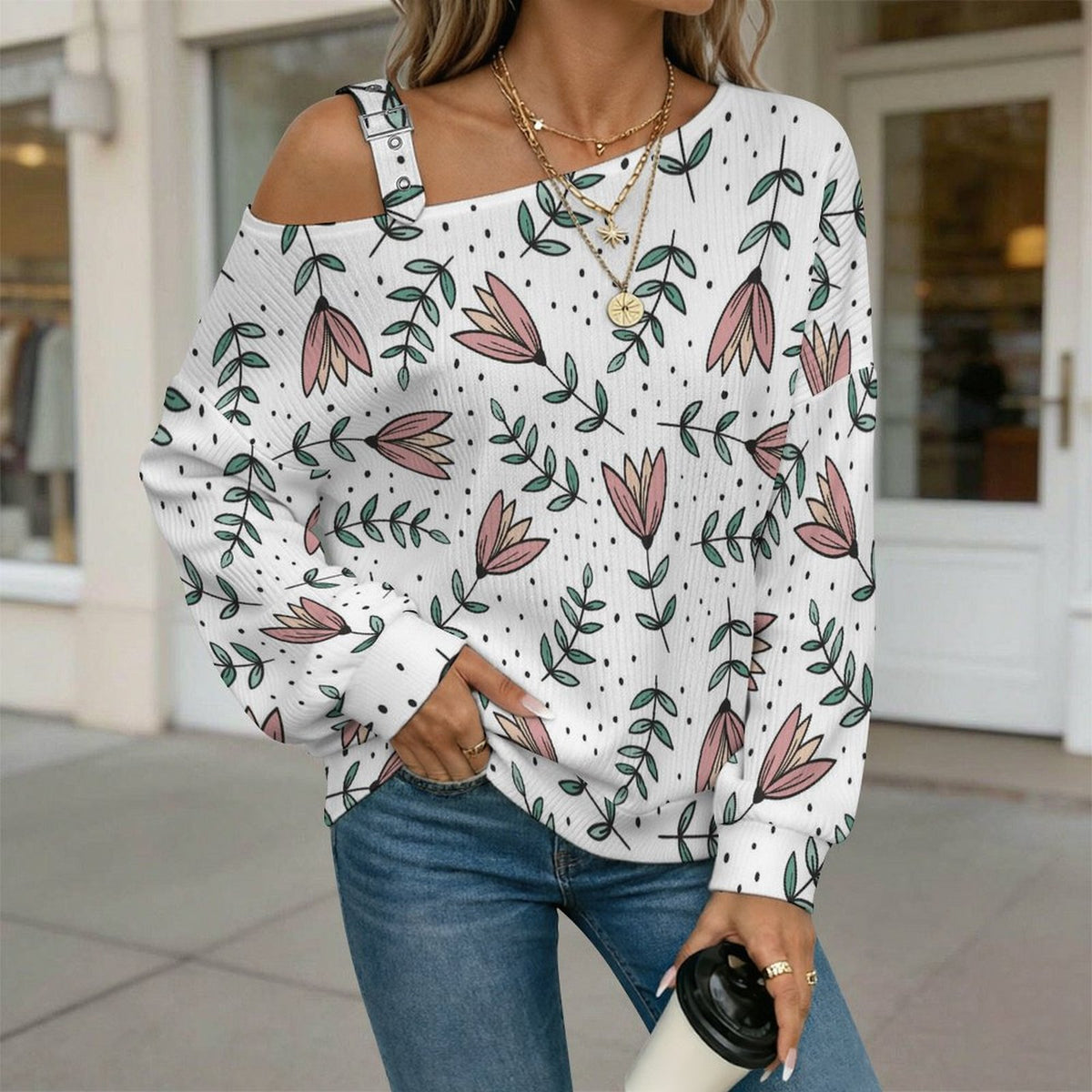 Off-the-shoulder Sweater Long Sleeve Relaxed-Fit Solid PulloverFlowers Background