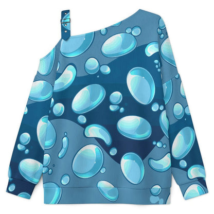 Blue Water Droplets Fall Casual Asymmetric Shoulder Knit Top with Buckle Detail