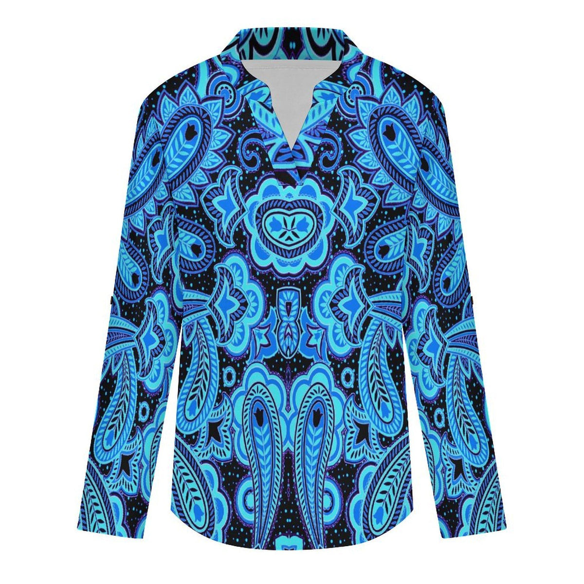 Paisley  Versatile Notched V-Neck Tunic | Roll Tab 3/4 Sleeve Office Casual Top