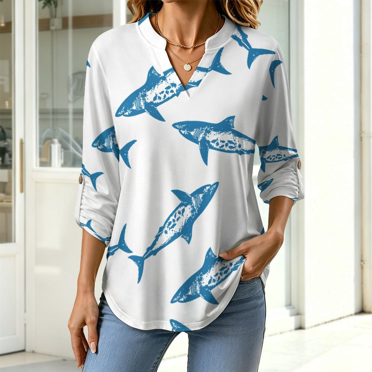 Shark Repeat Pattern  Versatile Notched V-Neck Tunic | Roll Tab 3/4 Sleeve Office Casual Top
