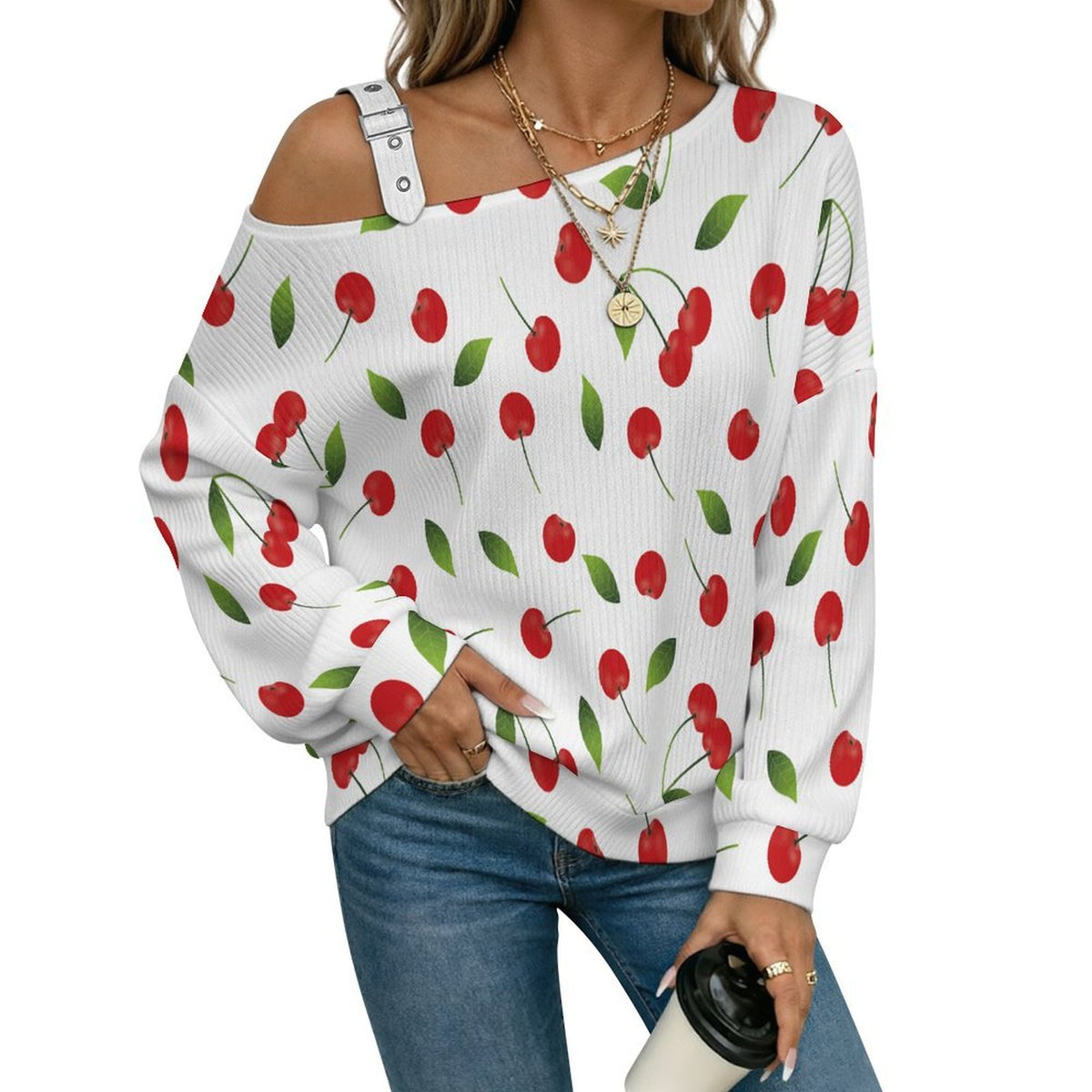 Off-the-shoulder SweaterCherry, Fruit, Background Women’s Off-Shoulder Knit Sweater