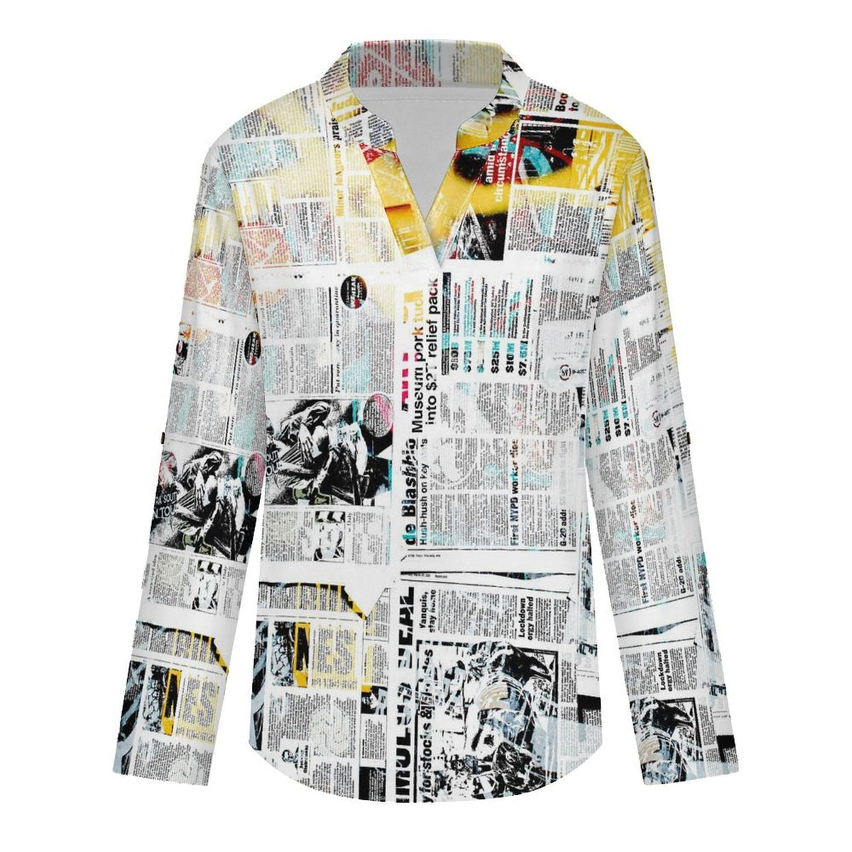 Newspaper  Versatile Notched V-Neck Tunic | Roll Tab 3/4 Sleeve Office Casual Top