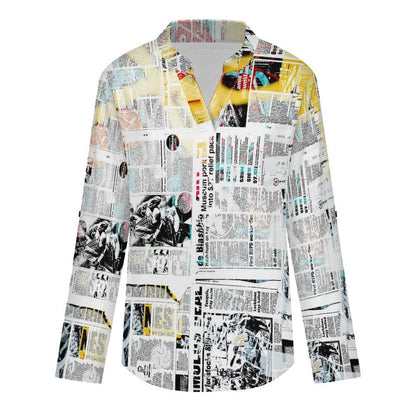 Newspaper  Versatile Notched V-Neck Tunic | Roll Tab 3/4 Sleeve Office Casual Top