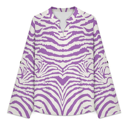 Stand-up Collar Long-sleeved Shirt Zebra Pattern white S Women’s V-Neck Blouses