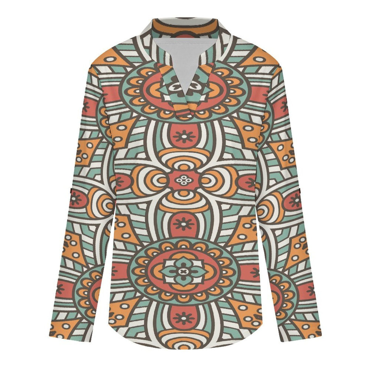 Retro Pattern  Versatile Notched V-Neck Tunic | Roll Tab 3/4 Sleeve Office Casual Top