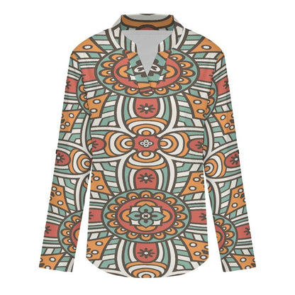 Retro Pattern  Versatile Notched V-Neck Tunic | Roll Tab 3/4 Sleeve Office Casual Top