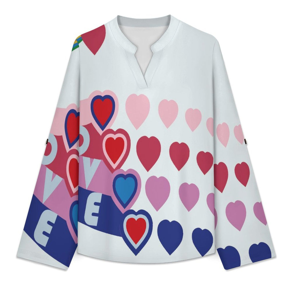 Women's Notched V Neck Tunic Tops, Roll Up 3/4 Sleeve Button Cuff Casual Blouse, Hem Loose Work Shirts  Love, Color Heart