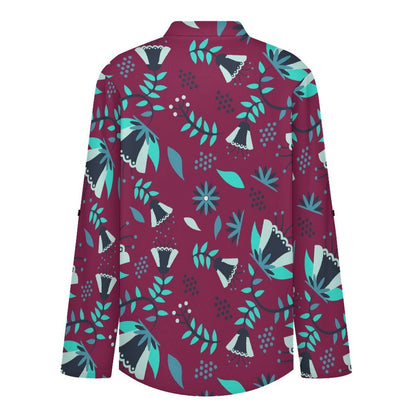 Women Curved Hem V Neck Roll Sleeve Casual Work Top  Batik Purple