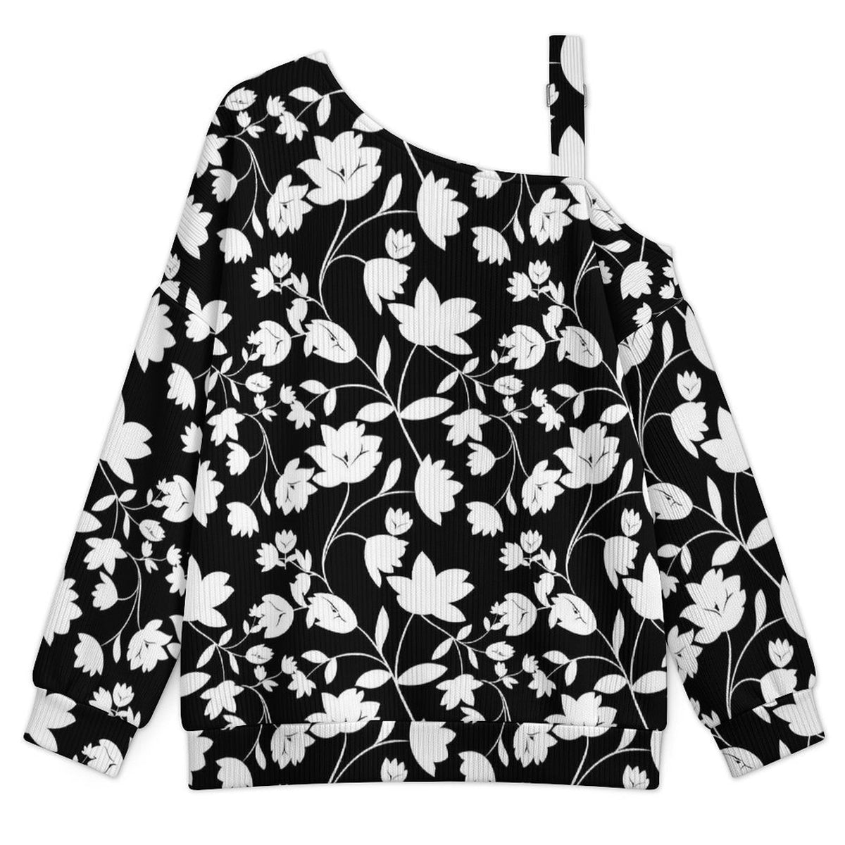 Fall Casual Asymmetric Shoulder Knit Top with Buckle Detail Flower