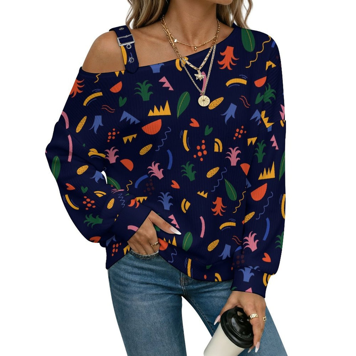 Women’s Off-Shoulder Knit Sweater Mexico Pattern