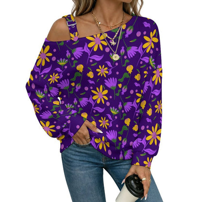 Women’s Off-Shoulder Knit Sweater Flower Pattern Repeat