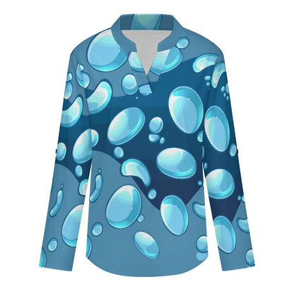 Women Curved Hem V Neck Roll Sleeve Casual Work Top  Blue Water Droplets