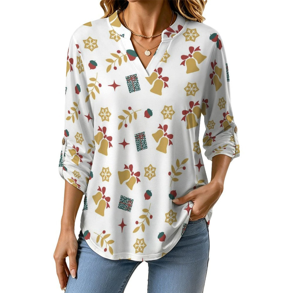Christmas Pattern Roll Tab 3/4 Sleeve Notched V Neck Tunic Blouse