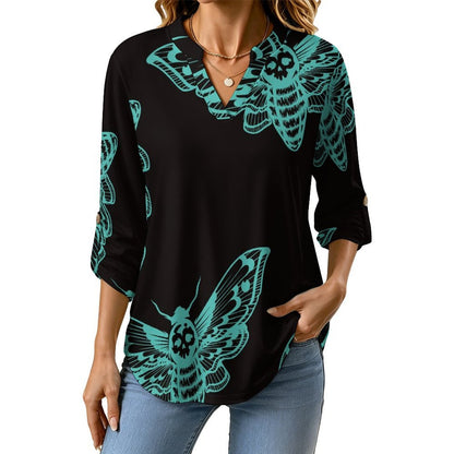 Roll Tab 3/4 Sleeve Notched V Neck Tunic Blouse  Moth - Black - Green - Repeat Pattern - Women's Dress - Hip Wrap Skirt