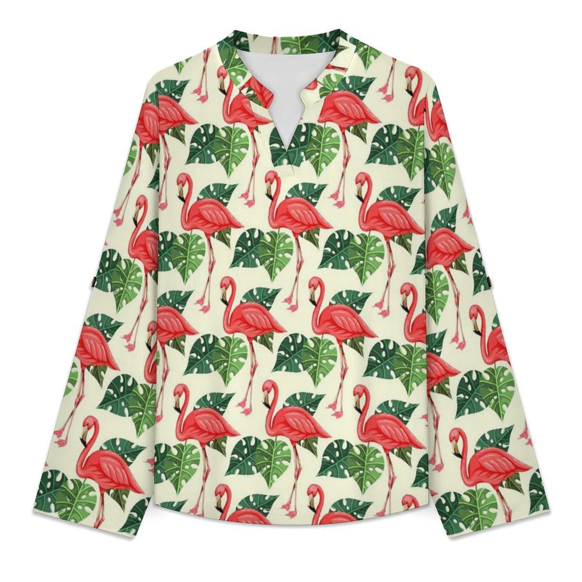 Women's Notched V Neck Tunic Tops, Roll Up 3/4 Sleeve Button Cuff Casual Blouse, Hem Loose Work Shirts Flamingo, Repeating Pattern