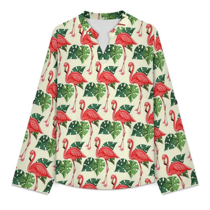 Women's Notched V Neck Tunic Tops, Roll Up 3/4 Sleeve Button Cuff Casual Blouse, Hem Loose Work Shirts Flamingo, Repeating Pattern