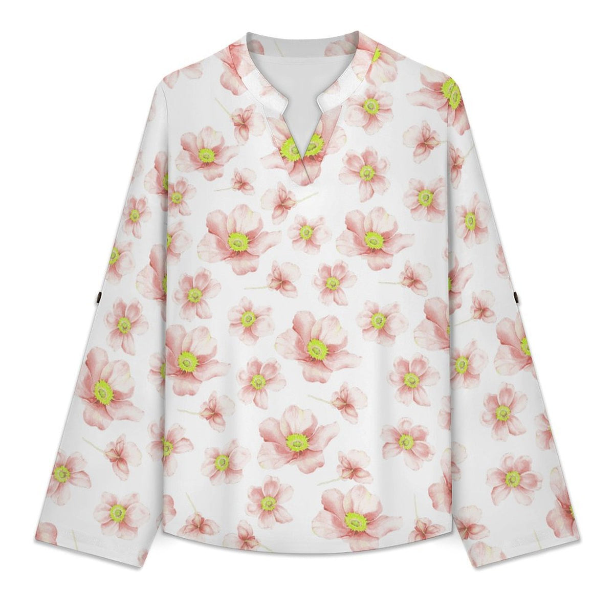 Women's Notched V Neck Tunic Tops, Roll Up 3/4 Sleeve Button Cuff Casual Blouse, Hem Loose Work Shirts  Floral, Pink, Repeating Pattern