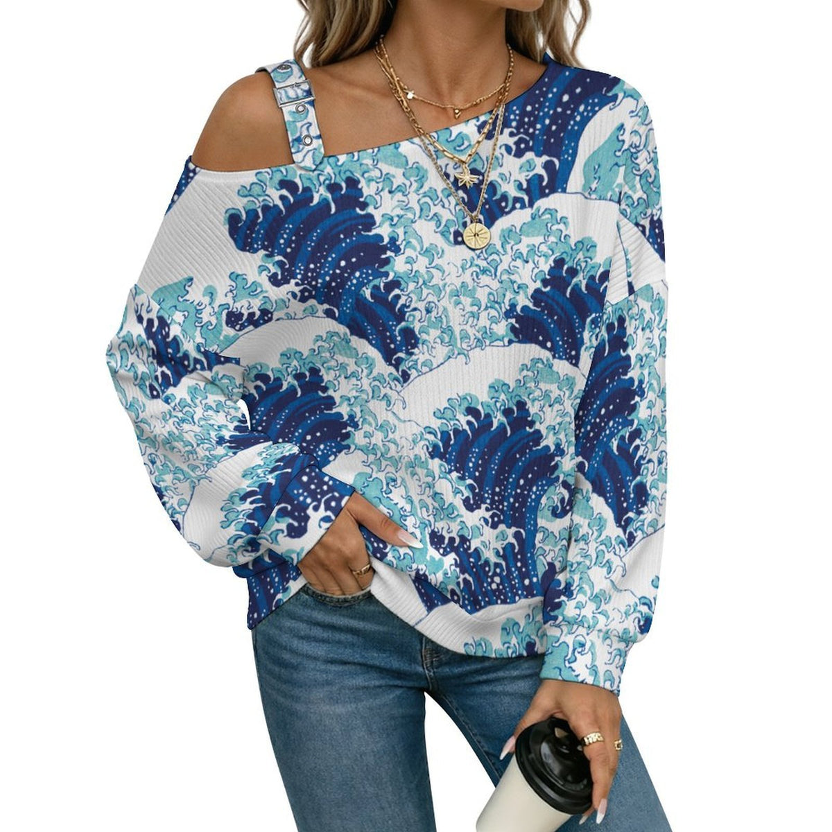 Women’s Off-Shoulder Knit Sweater Chinese Wind, Wave