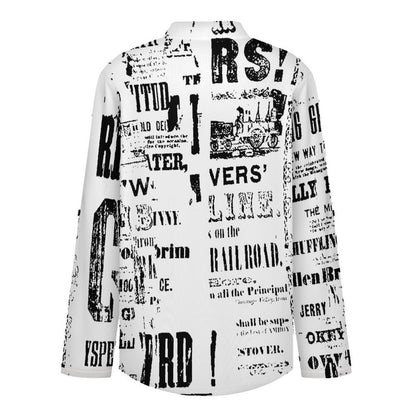 Newspaper Vintage Dress  Women Curved Hem V Neck Roll Sleeve Casual Work Top