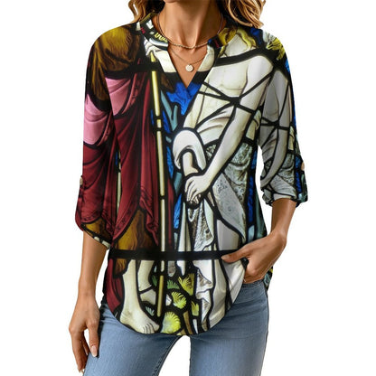 Roll Tab 3/4 Sleeve Notched V Neck Tunic Blouse  Jesus Church Windows Faith