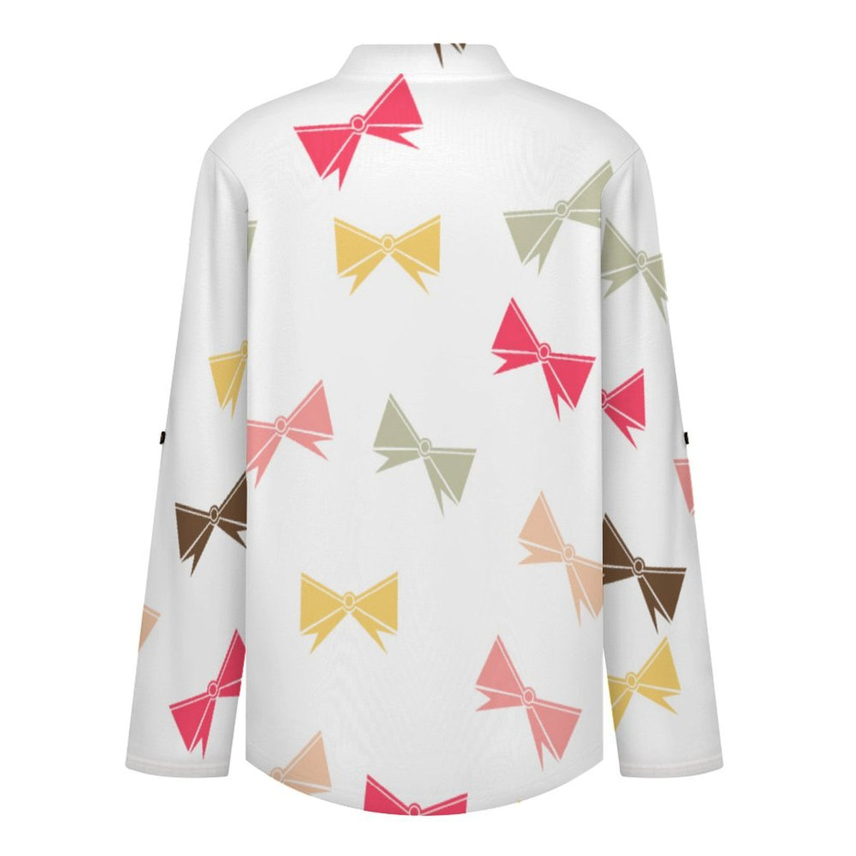 Colored Bow Roll Tab 3/4 Sleeve Notched V Neck Tunic Blouse