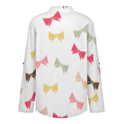 Colored Bow Roll Tab 3/4 Sleeve Notched V Neck Tunic Blouse
