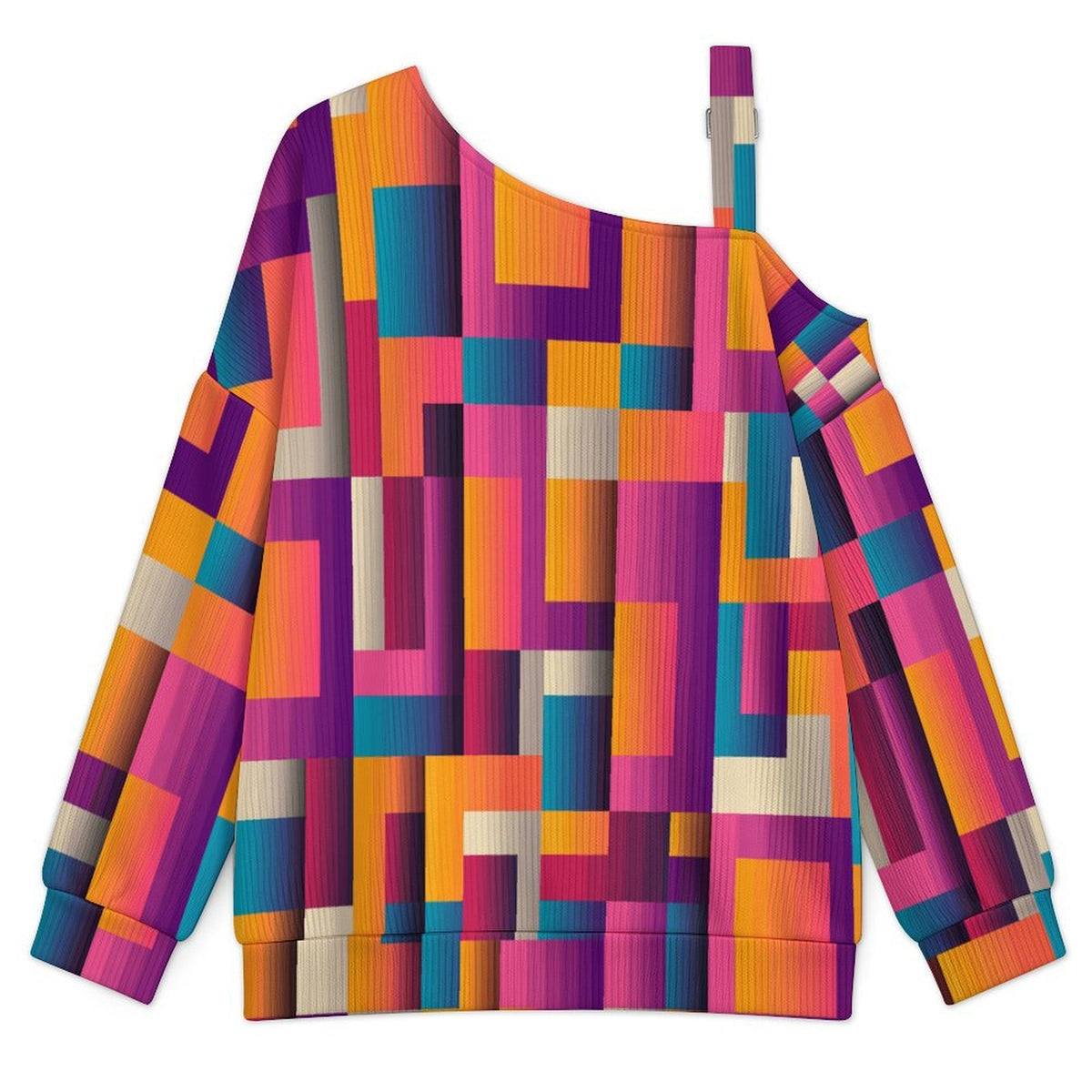 Women’s Off-Shoulder Knit Sweater Colored Checkered Pattern