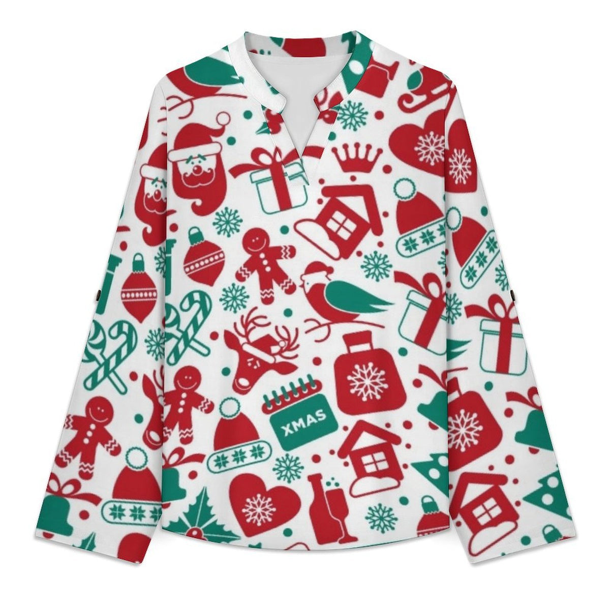 Christmas Pattern  Versatile Notched V-Neck Tunic | Roll Tab 3/4 Sleeve Office Casual Top