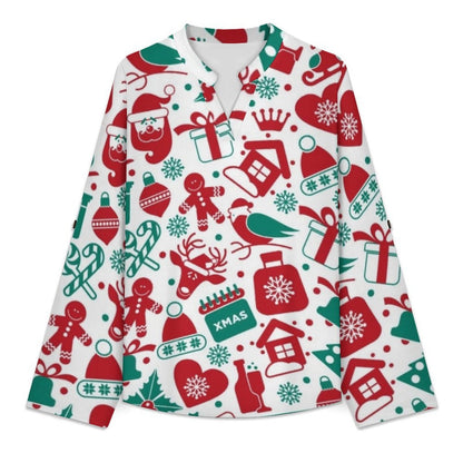 Christmas Pattern  Versatile Notched V-Neck Tunic | Roll Tab 3/4 Sleeve Office Casual Top