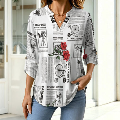 Newspaper  Red Rose Roll Tab 3/4 Sleeve Notched V Neck Tunic Blouse