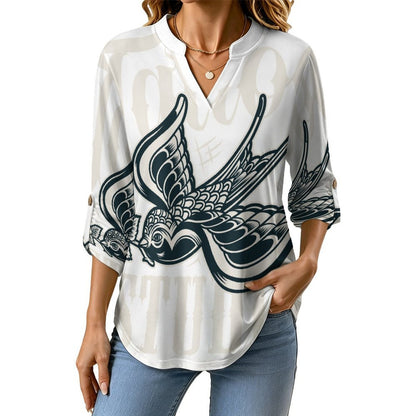Birds, Flowers, Transmission Women's Notched V Neck Tunic Tops, Roll Up 3/4 Sleeve Button Cuff Casual Blouse, Hem Loose Work Shirts