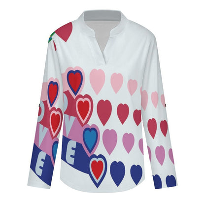 Women's Notched V Neck Tunic Tops, Roll Up 3/4 Sleeve Button Cuff Casual Blouse, Hem Loose Work Shirts  Love, Color Heart