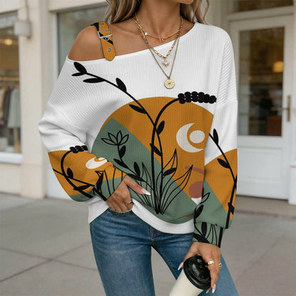 Women’s Off-Shoulder Knit Sweater Chinese Wind Scenery