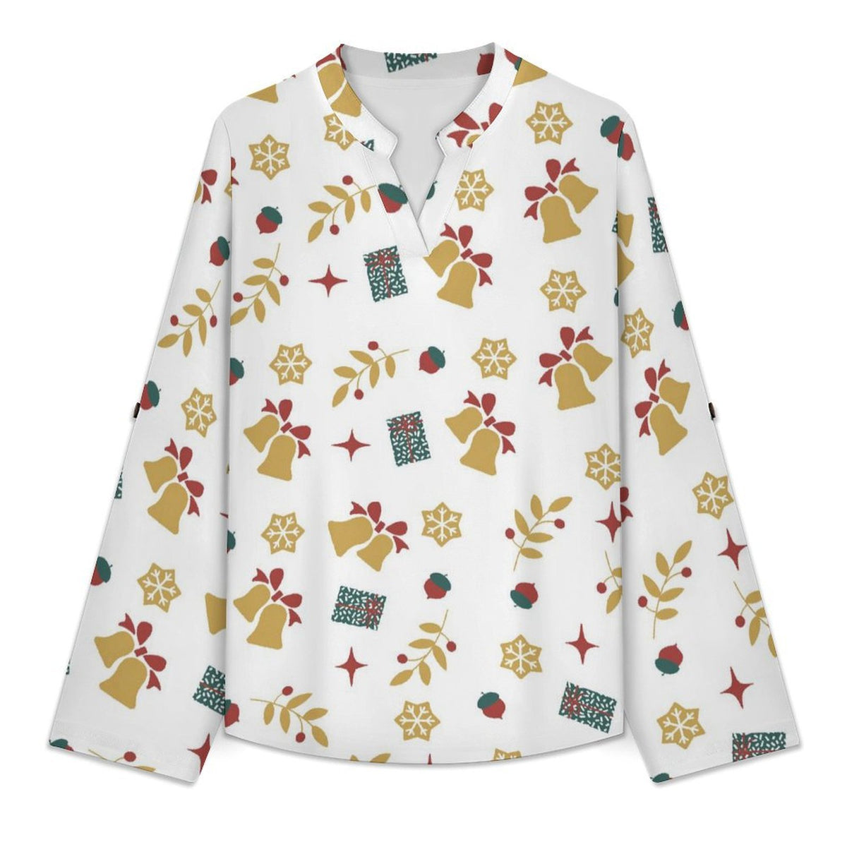 Christmas Pattern Roll Tab 3/4 Sleeve Notched V Neck Tunic Blouse